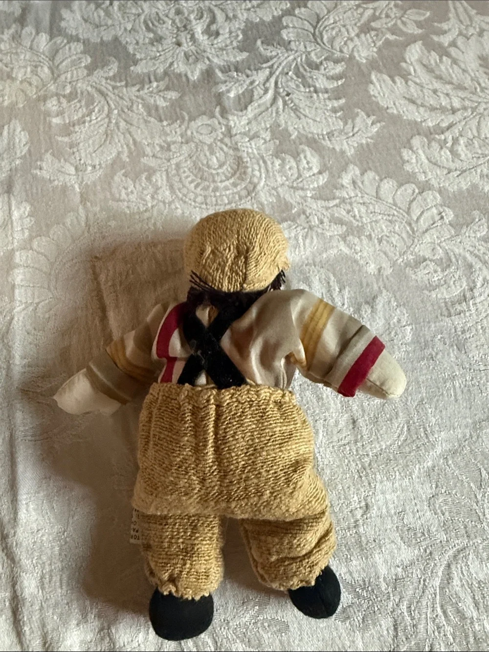 Plush Cloth Boy Doll in Beige Overalls and Striped Shirt porcelain face EUC